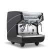 This image is a front-side view of the Nuova Simonelli Appia II 1 group espresso machine in black, with tall/raised brew group height and volumetric dosing controls.